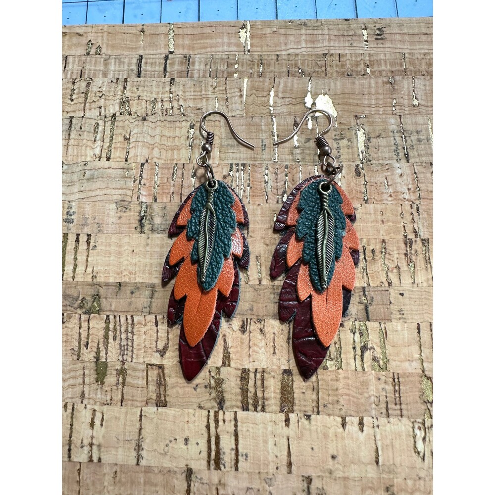 Handmade Multi-Layer Leather Feather Earrings - Textured Navy Orange Black